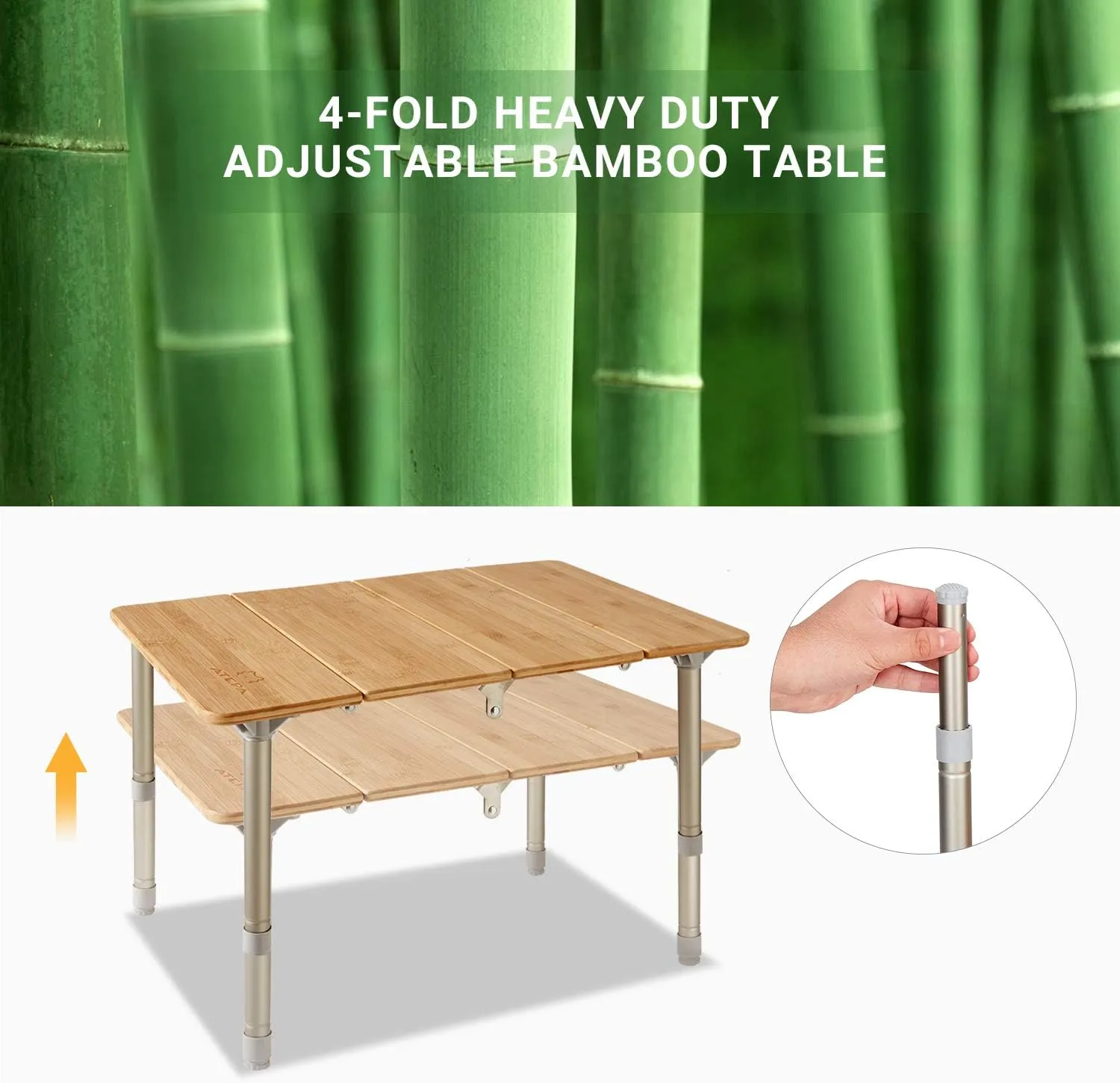 ATEPA Wooden Folding Table, Adjustable Height Folding Tables Environmental Bamboo Camping Table with Aluminum Legs Carry Bag for Travel Picnic Beach Fishing Outdoor Indoor, 1-2 Person