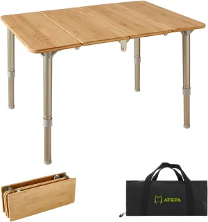 ATEPA Wooden Folding Table, Adjustable Height Folding Tables Environmental Bamboo Camping Table with Aluminum Legs Carry Bag for Travel Picnic Beach Fishing Outdoor Indoor, 1-2 Person