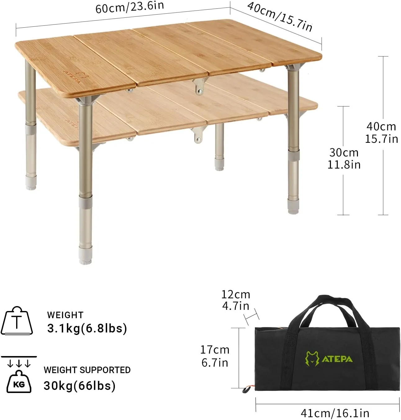 ATEPA Wooden Folding Table, Adjustable Height Folding Tables Environmental Bamboo Camping Table with Aluminum Legs Carry Bag for Travel Picnic Beach Fishing Outdoor Indoor, 1-2 Person