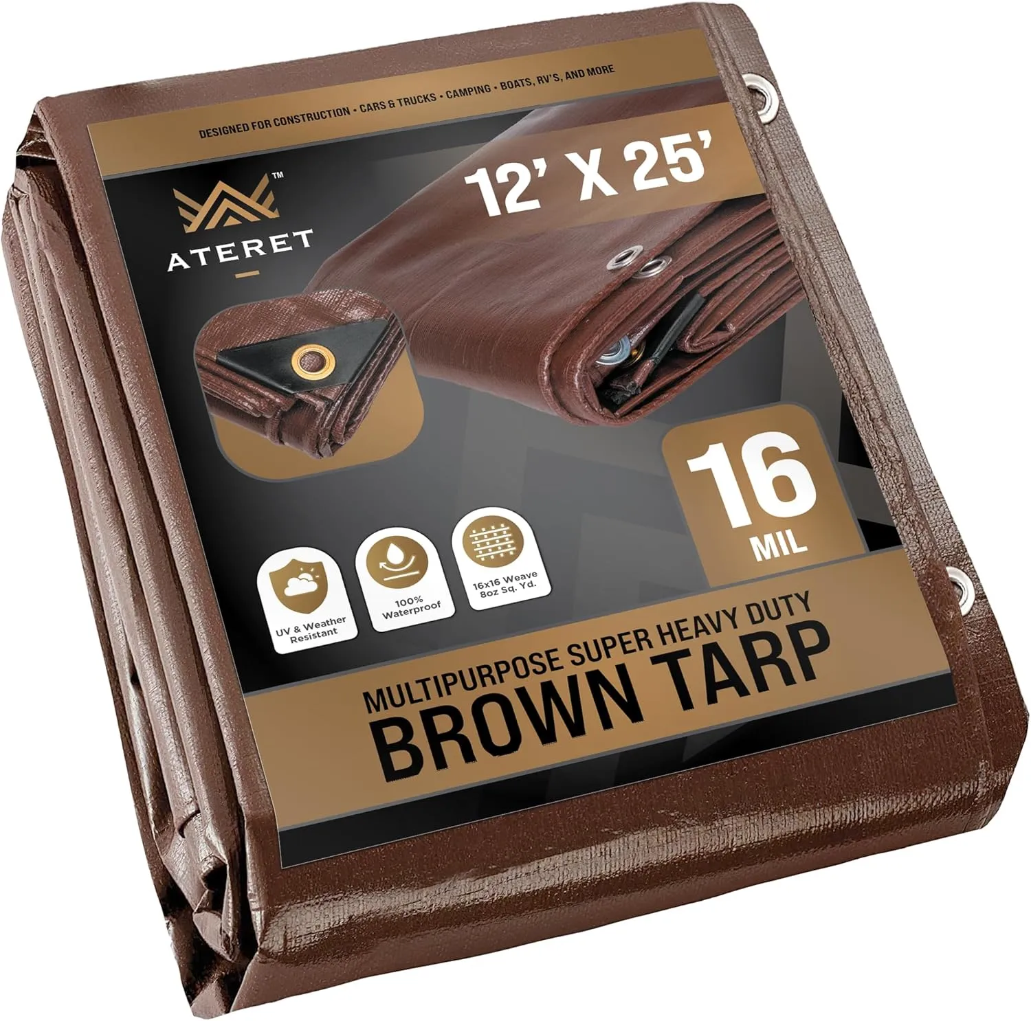 ATERET 12' x 25' Super Heavy Duty 16 Mil Brown Poly Tarp Cover - UV Resistant, Thick Waterproof, Rip and Tear Proof Tarpaulin with Grommets and Reinforced Edges