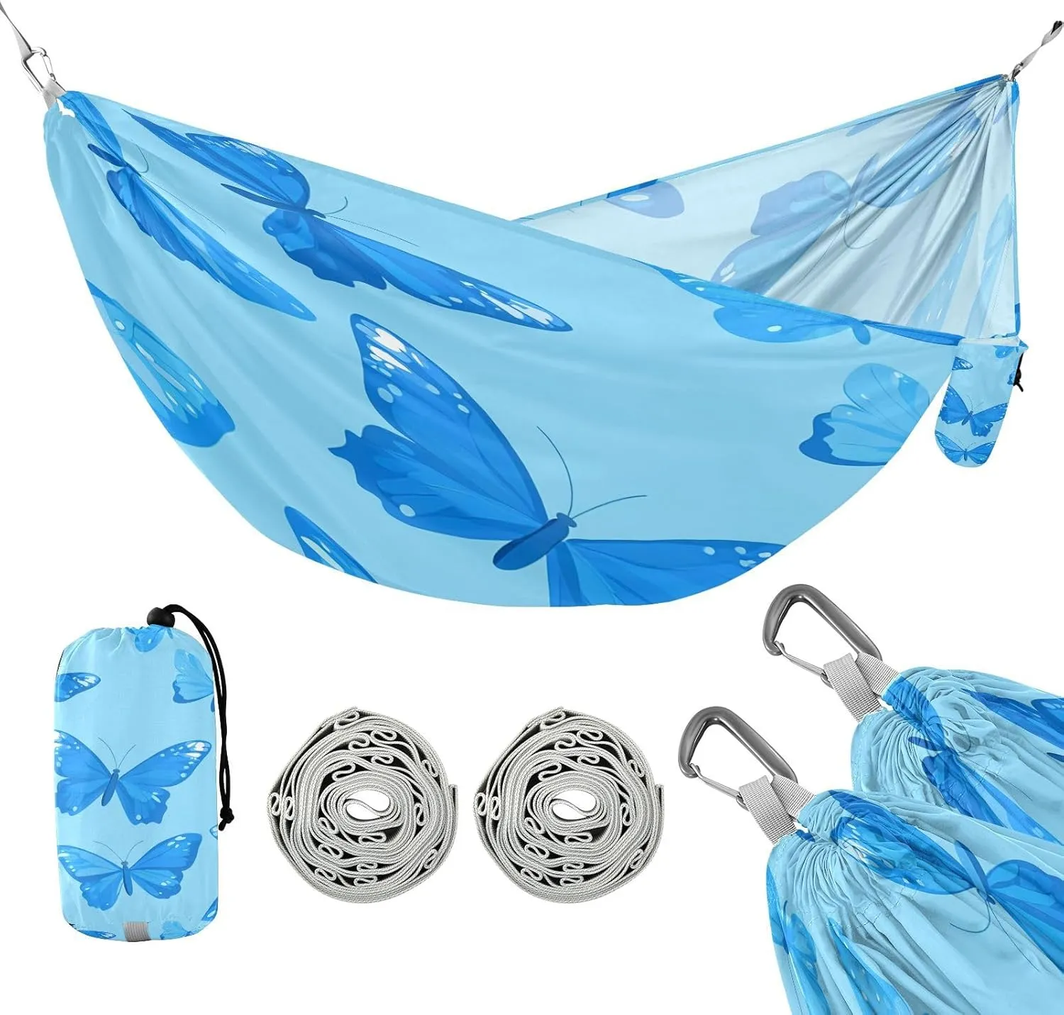 ATTX Blue Butterflies Camping Hammock - Lightweight & Portable Hammocks, Heavy Duty 330lbs Capacity for Indoor, Hiking, Backpacking, Travel, Backyard, Beach#549