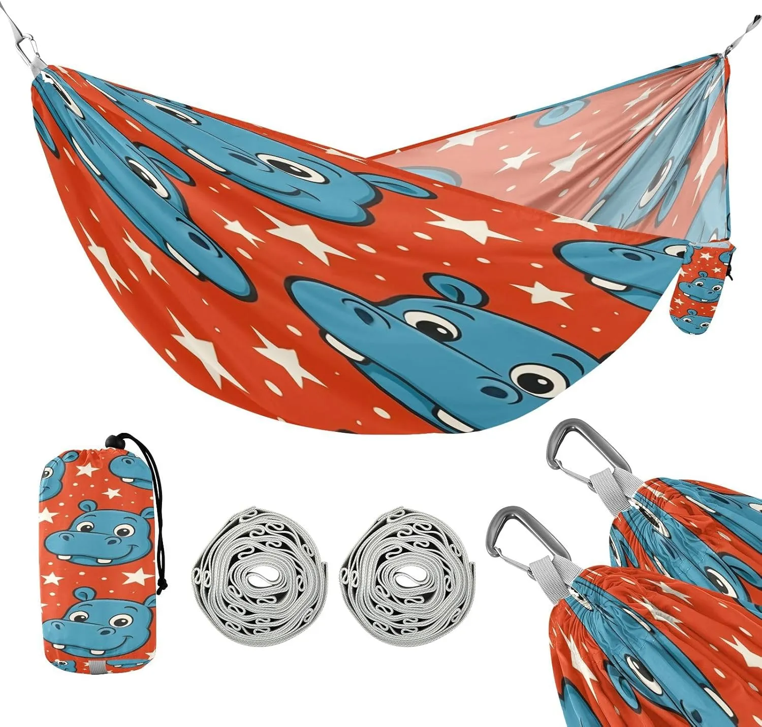 ATTX Blue Cartoon Hippo Camping Hammock - Lightweight & Portable Hammocks, Heavy Duty 330lbs Capacity for Indoor, Hiking, Backpacking, Travel, Backyard, Beach#149