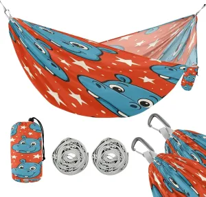 ATTX Blue Cartoon Hippo Camping Hammock - Lightweight & Portable Hammocks, Heavy Duty 330lbs Capacity for Indoor, Hiking, Backpacking, Travel, Backyard, Beach#149