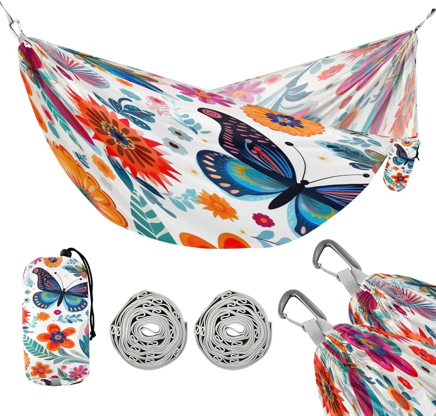 ATTX Colorful Butterflies Camping Hammock - Lightweight & Portable Hammocks, Heavy Duty 330lbs Capacity for Indoor, Hiking, Backpacking, Travel, Backyard, Beach#248