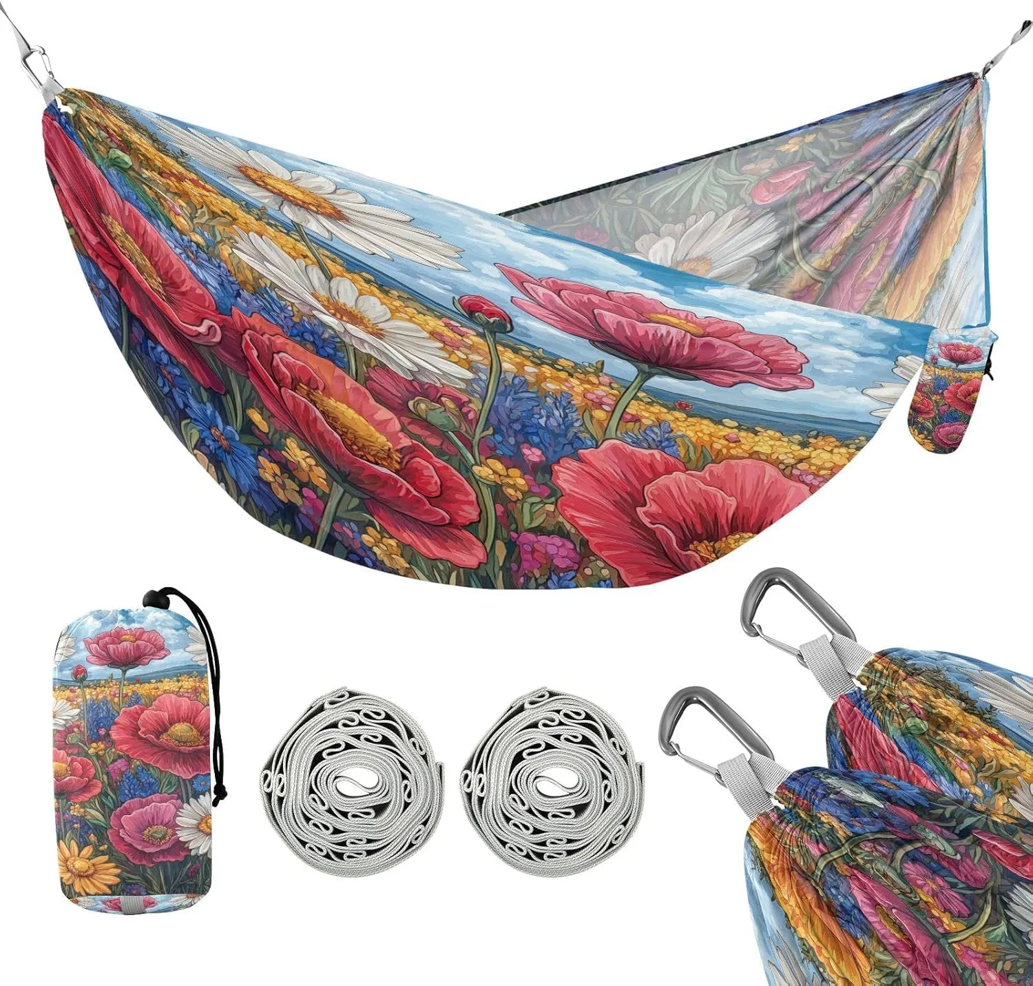 ATTX Colorful Wildflowers Camping Hammock - Lightweight & Portable Hammocks, Heavy Duty 330lbs Capacity for Indoor, Hiking, Backpacking, Travel, Backyard, Beach#449