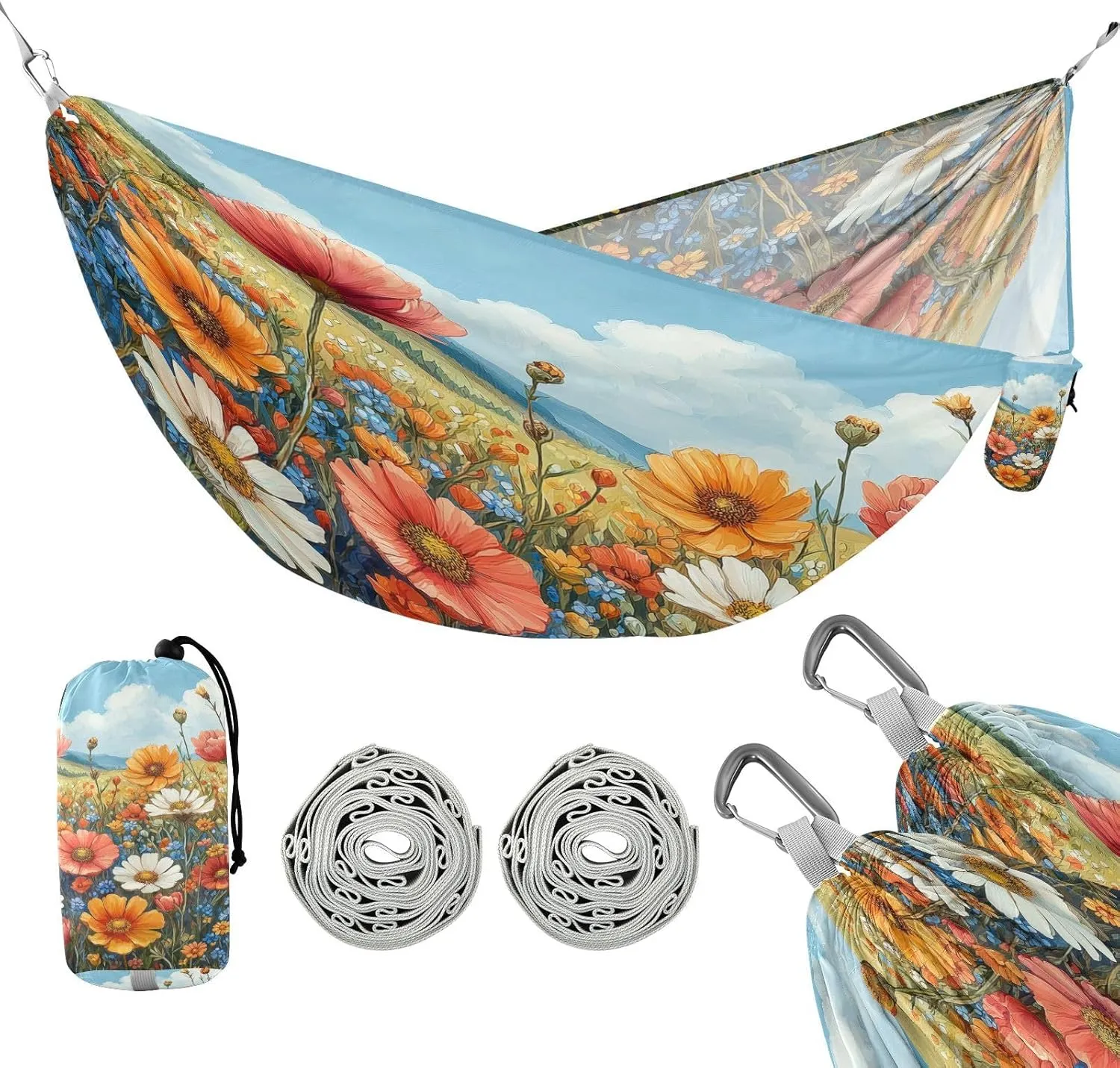 ATTX Colorful Wildflowers Camping Hammock - Lightweight & Portable Hammocks, Heavy Duty 330lbs Capacity for Indoor, Hiking, Backpacking, Travel, Backyard, Beach#451