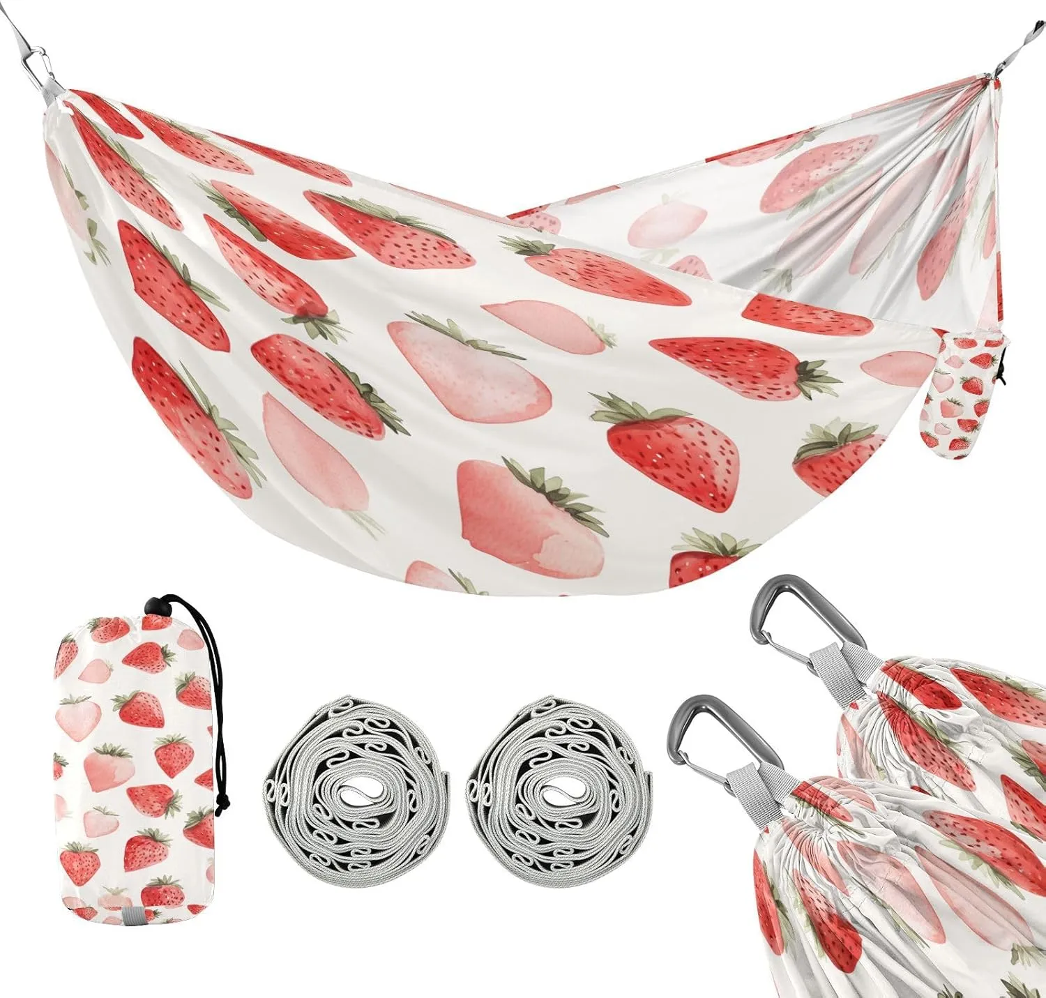 ATTX Cute Watercolor Strawberry Camping Hammock - Lightweight & Portable Hammocks, Heavy Duty 330lbs Capacity for Indoor, Hiking, Backpacking, Travel, Backyard, Beach#139