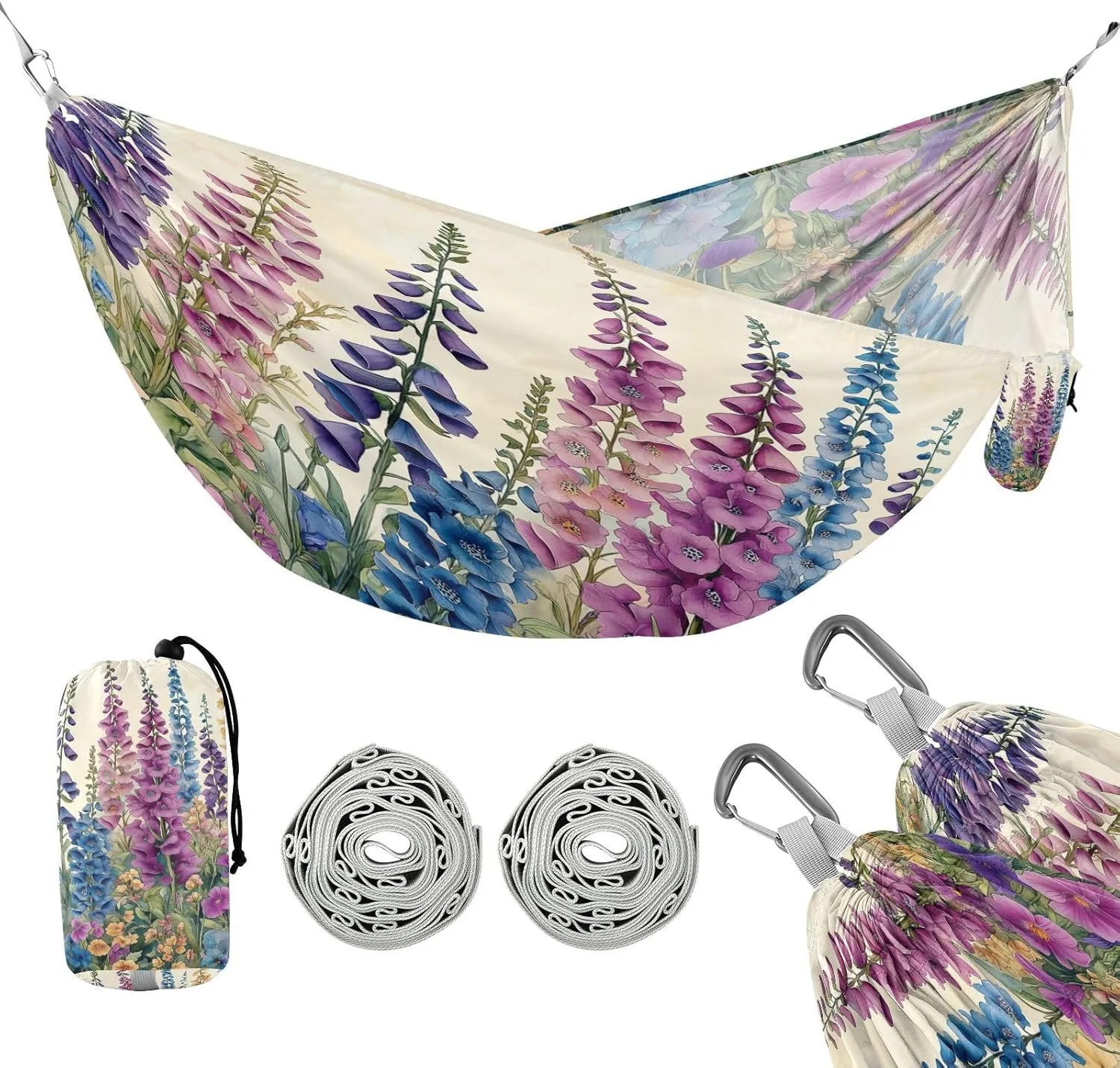 ATTX Foxgloves and Irises Camping Hammock - Lightweight & Portable Hammocks, Heavy Duty 330lbs Capacity for Indoor, Hiking, Backpacking, Travel, Backyard, Beach#27