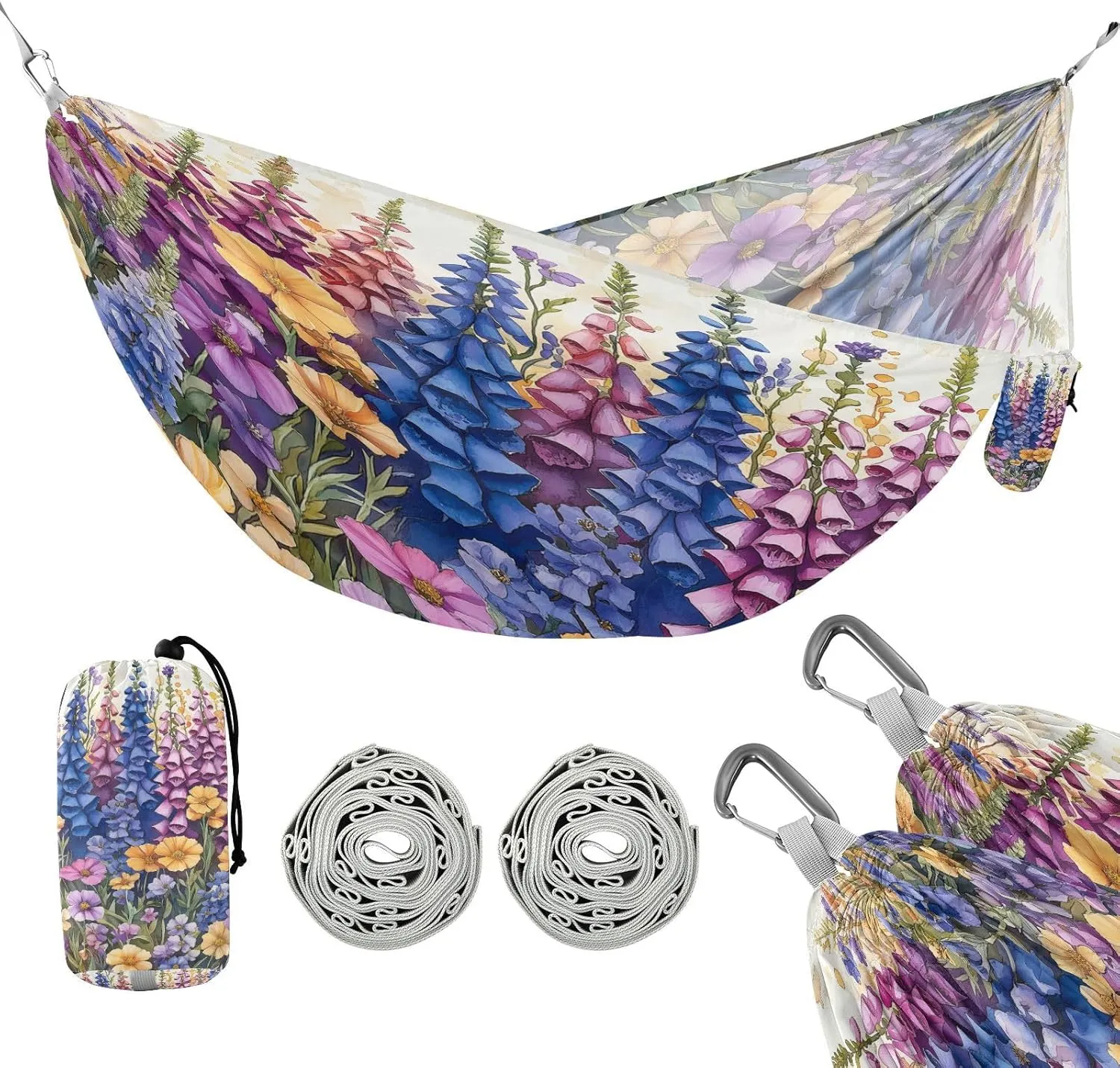 ATTX Foxgloves and Irises Camping Hammock - Lightweight & Portable Hammocks, Heavy Duty 330lbs Capacity for Indoor, Hiking, Backpacking, Travel, Backyard, Beach#33