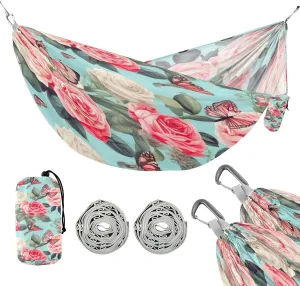 ATTX Pink Flowers Camping Hammock - Lightweight & Portable Hammocks, Heavy Duty 330lbs Capacity for Indoor, Hiking, Backpacking, Travel, Backyard, Beach#471