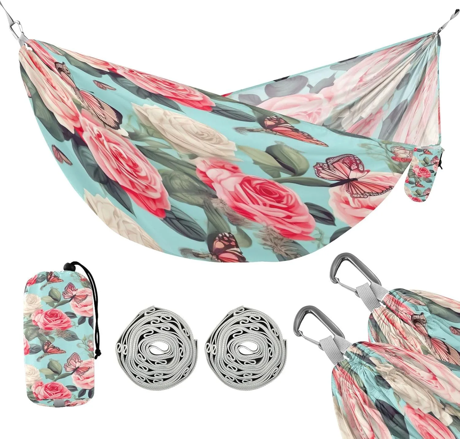 ATTX Pink Flowers Camping Hammock - Lightweight & Portable Hammocks, Heavy Duty 330lbs Capacity for Indoor, Hiking, Backpacking, Travel, Backyard, Beach#471