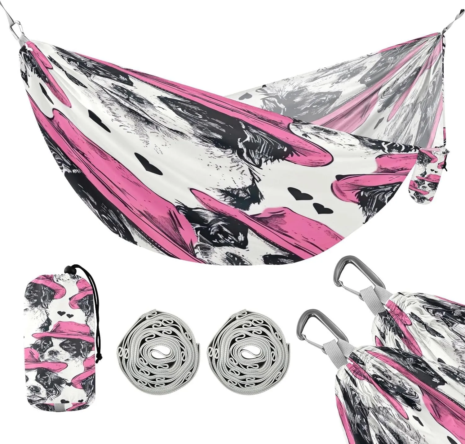 ATTX Pink Hats Dog Camping Hammock - Lightweight & Portable Hammocks, Heavy Duty 330lbs Capacity for Indoor, Hiking, Backpacking, Travel, Backyard, Beach#475