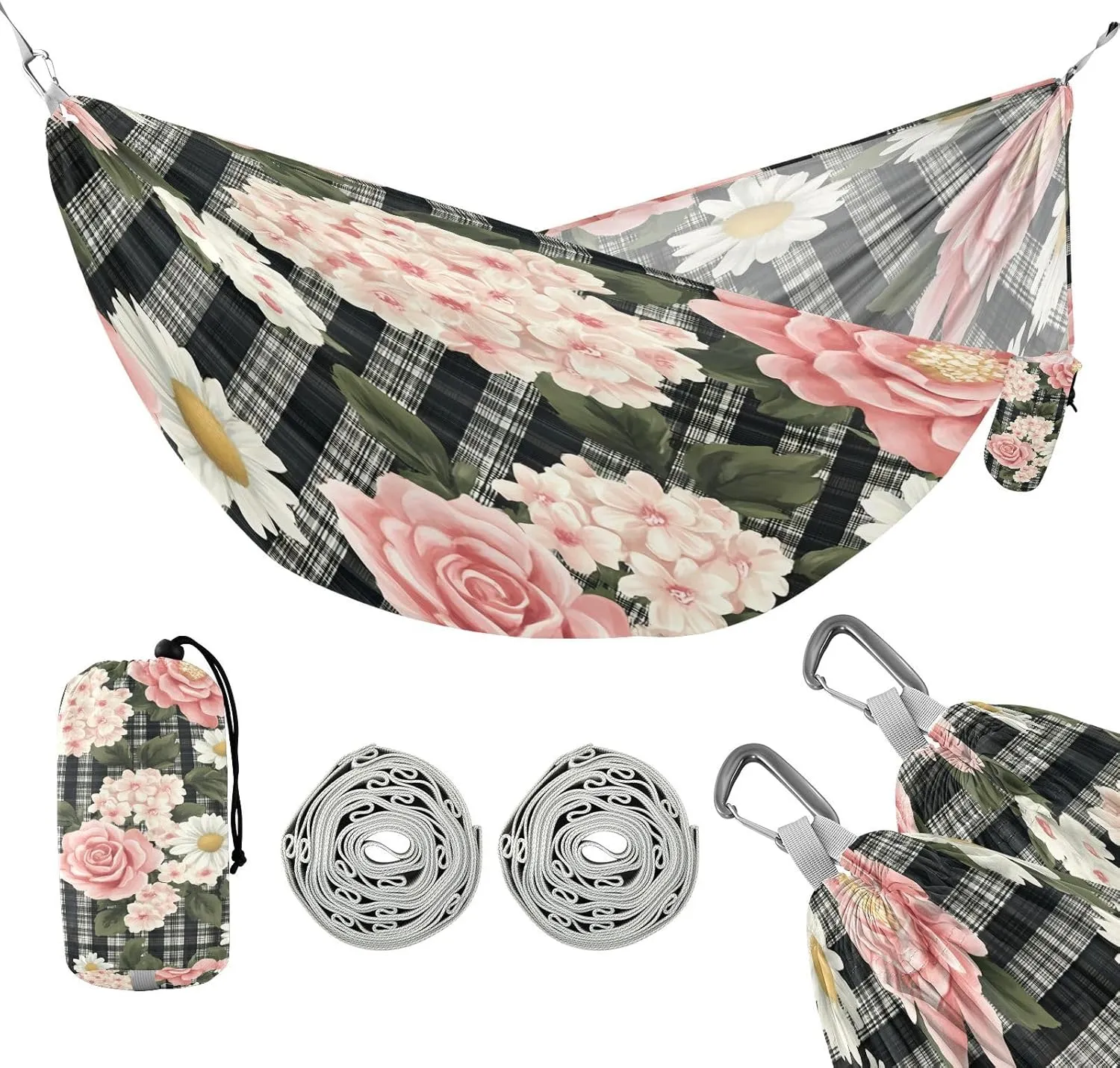 ATTX Pink Roses Daisies Camping Hammock - Lightweight & Portable Hammocks, Heavy Duty 330lbs Capacity for Indoor, Hiking, Backpacking, Travel, Backyard, Beach#584