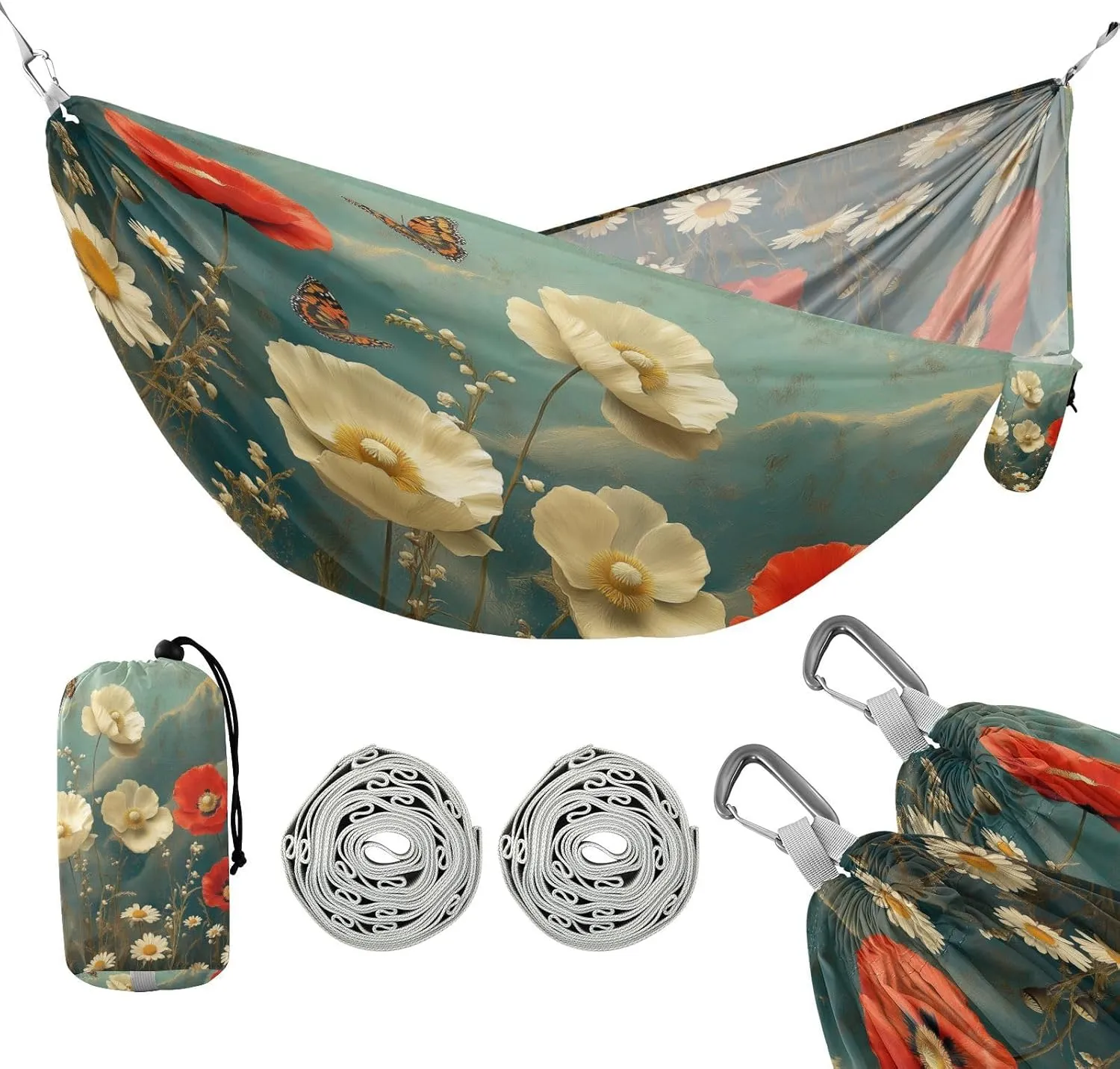 ATTX Red Floral Camping Hammock - Lightweight & Portable Hammocks, Heavy Duty 330lbs Capacity for Indoor, Hiking, Backpacking, Travel, Backyard, Beach#400