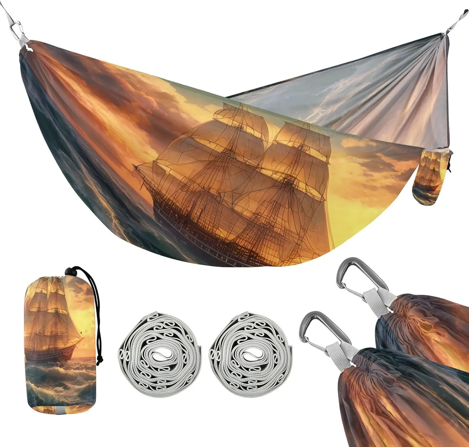 ATTX Sailing Ship Oil Painting Camping Hammock - Lightweight & Portable Hammocks, Heavy Duty 330lbs Capacity for Indoor, Hiking, Backpacking, Travel, Backyard, Beach#124
