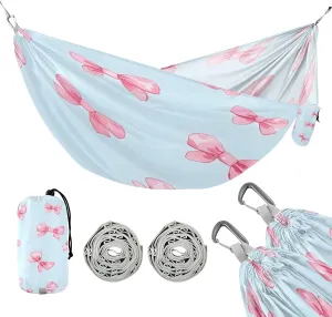 ATTX Small Pink Bows Camping Hammock - Lightweight & Portable Hammocks, Heavy Duty 330lbs Capacity for Indoor, Hiking, Backpacking, Travel, Backyard, Beach#595