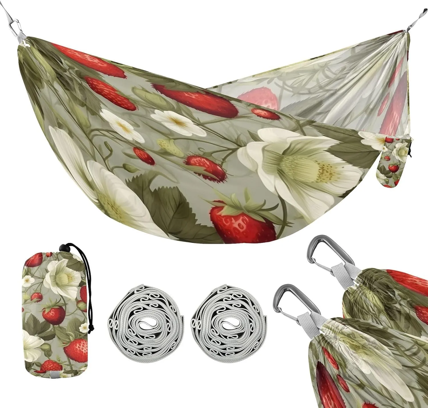 ATTX Strawberry Flower Pattern Camping Hammock - Lightweight & Portable Hammocks, Heavy Duty 330lbs Capacity for Indoor, Hiking, Backpacking, Travel, Backyard, Beach#308