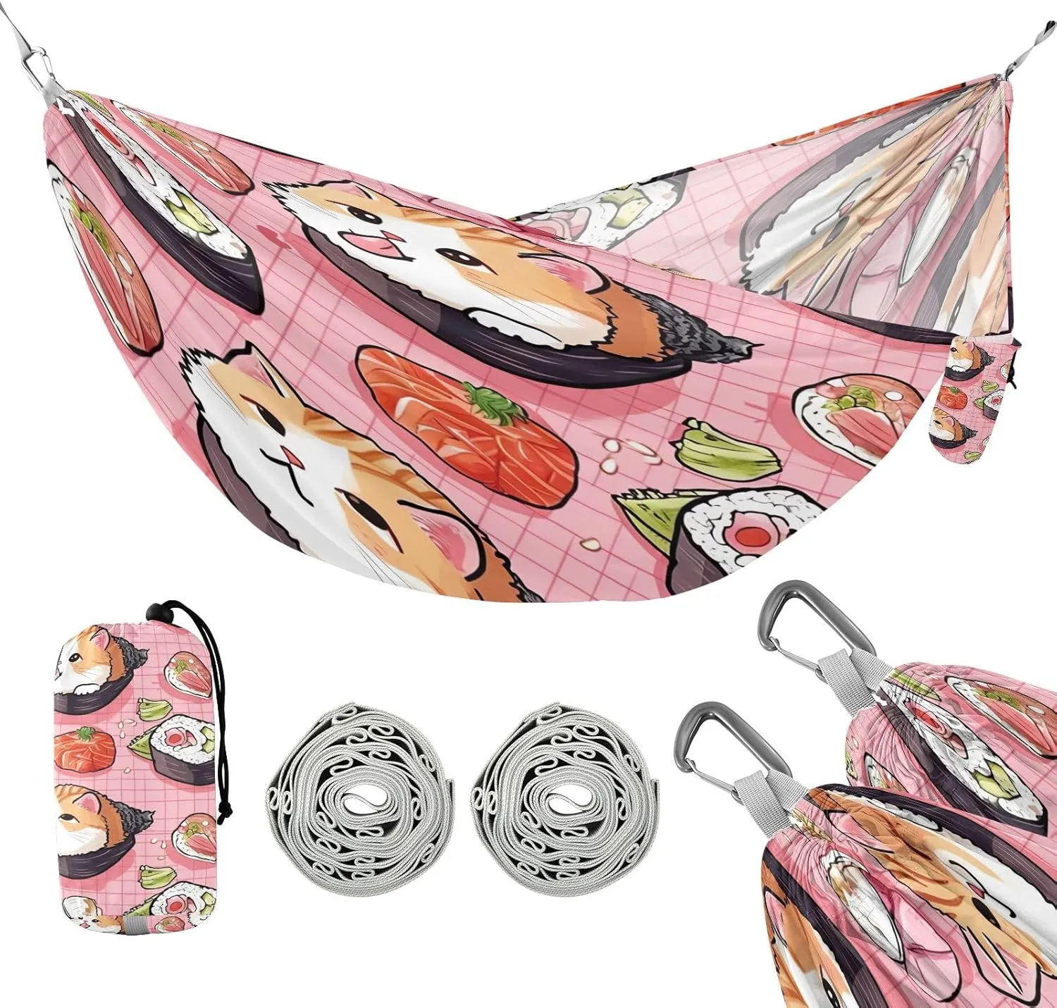 ATTX Sushi Kawaii Pattern Camping Hammock - Lightweight & Portable Hammocks, Heavy Duty 330lbs Capacity for Indoor, Hiking, Backpacking, Travel, Backyard, Beach#486