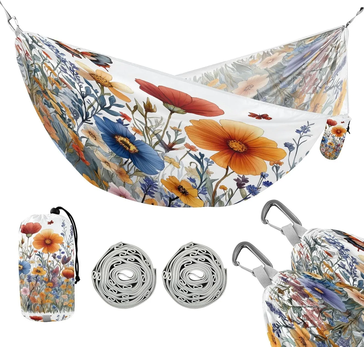 ATTX Wildflowers Butterflies Camping Hammock - Lightweight & Portable Hammocks, Heavy Duty 330lbs Capacity for Indoor, Hiking, Backpacking, Travel, Backyard, Beach#432