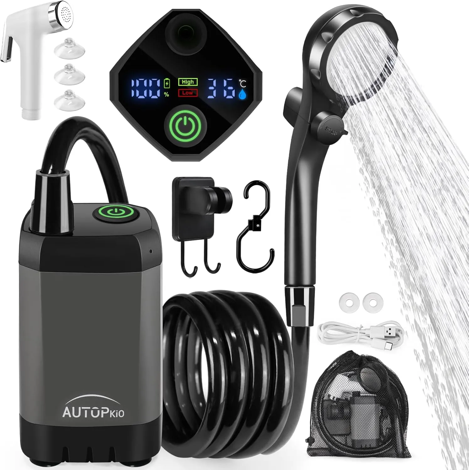 AUTOPkio Portable Camping Shower, 6000mAh Rechargeable Camp Shower Pump with USB Cable & Electric Outdoor Shower Head Sprayer for Camping, Hiking, Pet Bathing, Washing