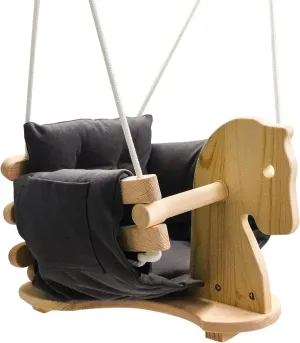 Baby Wooden Horse Swing Toddler Canvas Swing Seat Outdoor & Indoor Secure Hanging Hammock Chair (Gray)