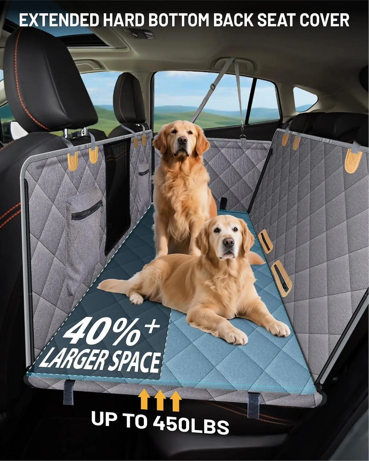 Back Seat Extender for Dog, Waterproof Dog Car Seat Cover for Back Seat, Hard Bottom Car Seat Cover, Large Space Hammock for Car Truck SUV, Pet Seat Cover Holds 450lbs(Grey)