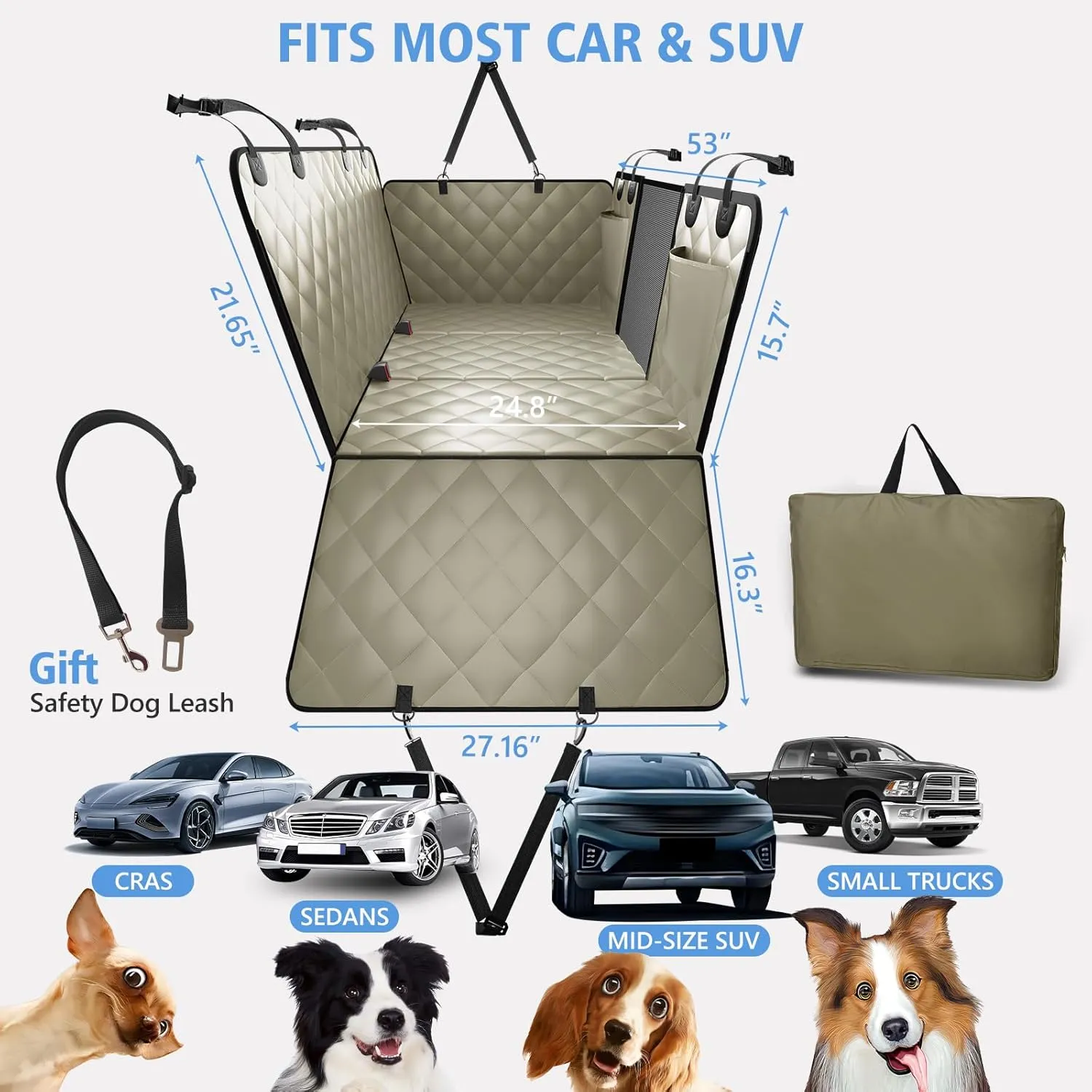 Back Seat Extender for Dogs, Dog Car Seat Cover for Back Seat Supports 420lbs, Hard Bottom Backseat Extender for Dogs, Waterproof Dog Hammock for Car, SUV, Truck Beige
