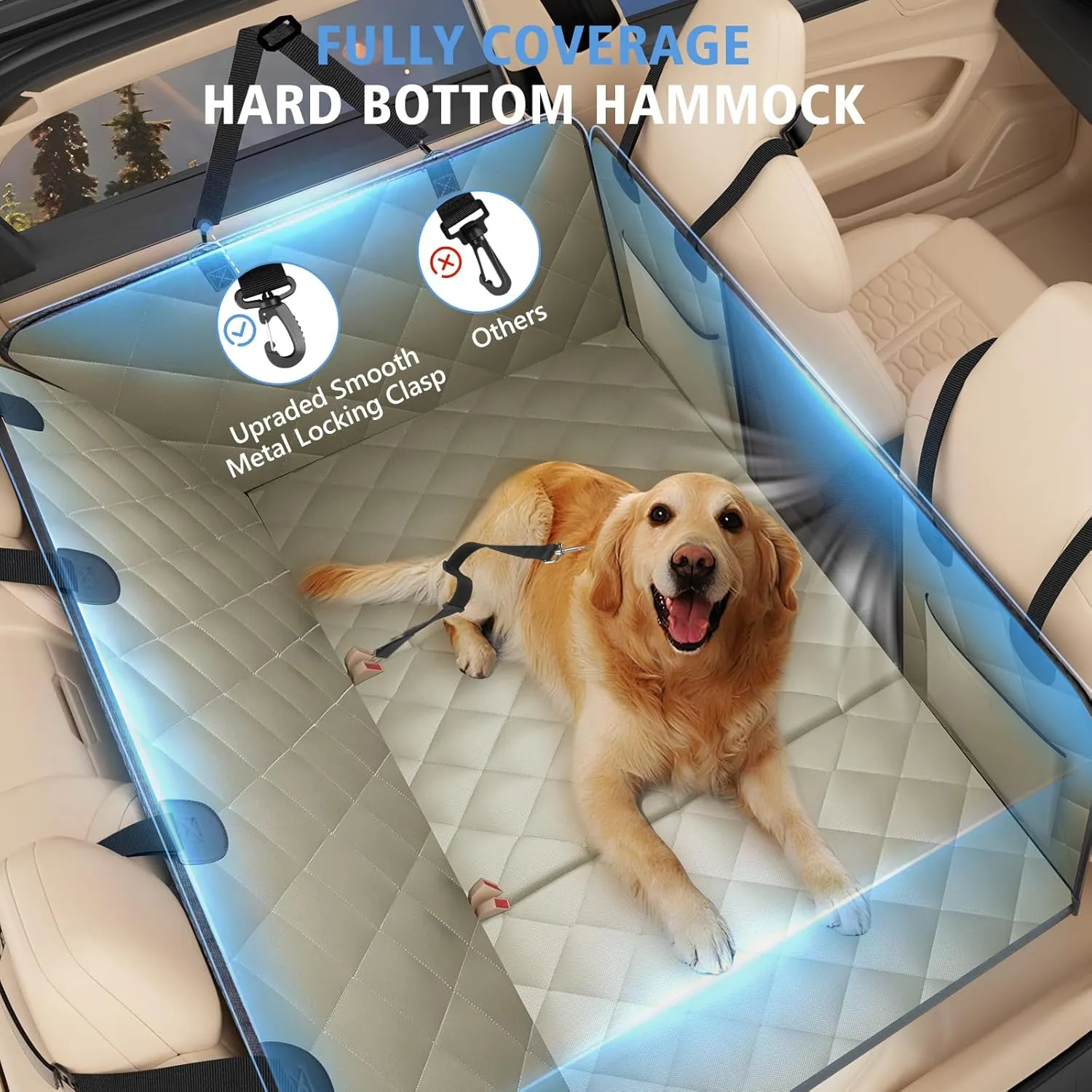 Back Seat Extender for Dogs, Dog Car Seat Cover for Back Seat Supports 420lbs, Hard Bottom Backseat Extender for Dogs, Waterproof Dog Hammock for Car, SUV, Truck Beige