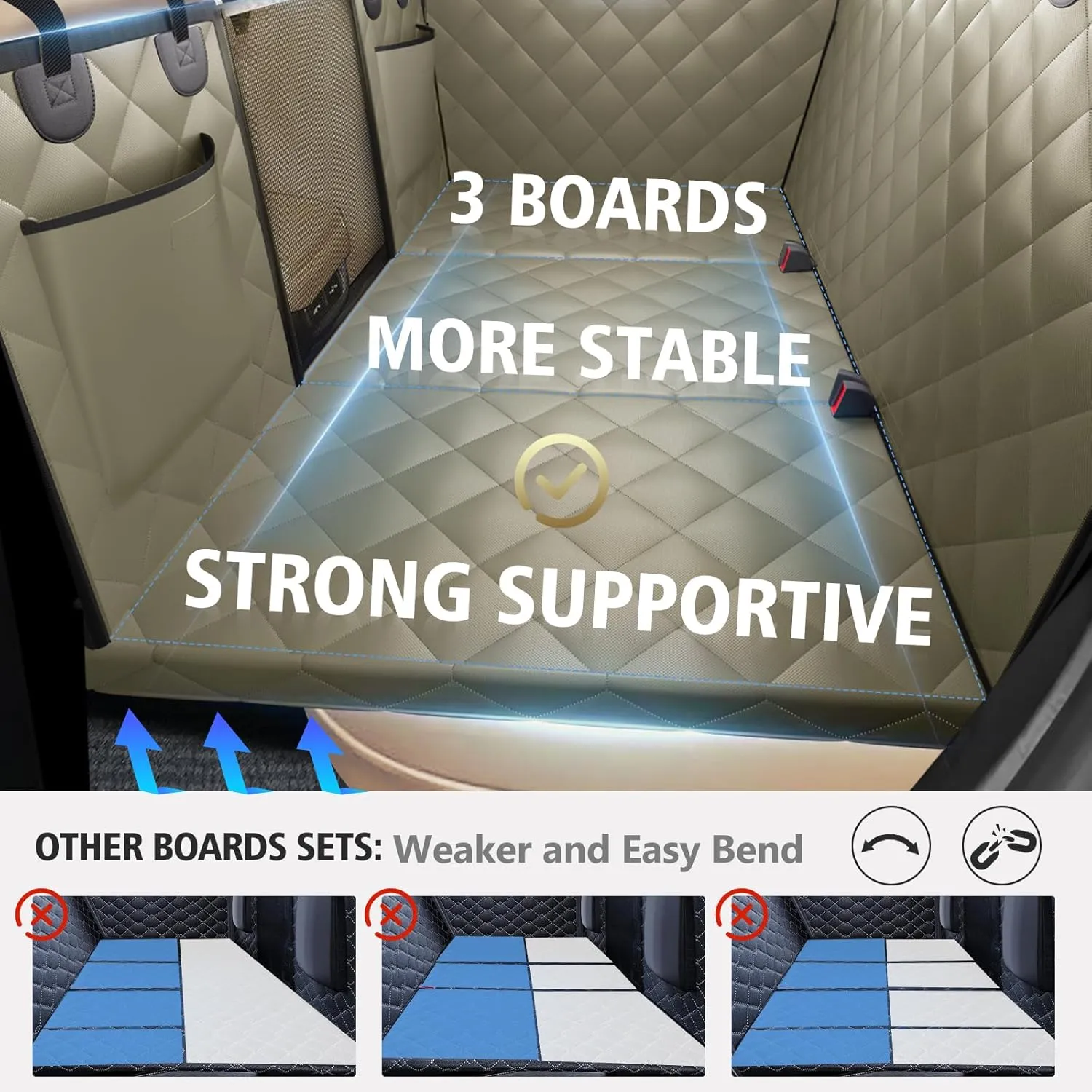 Back Seat Extender for Dogs, Dog Car Seat Cover for Back Seat Supports 420lbs, Hard Bottom Backseat Extender for Dogs, Waterproof Dog Hammock for Car, SUV, Truck Beige