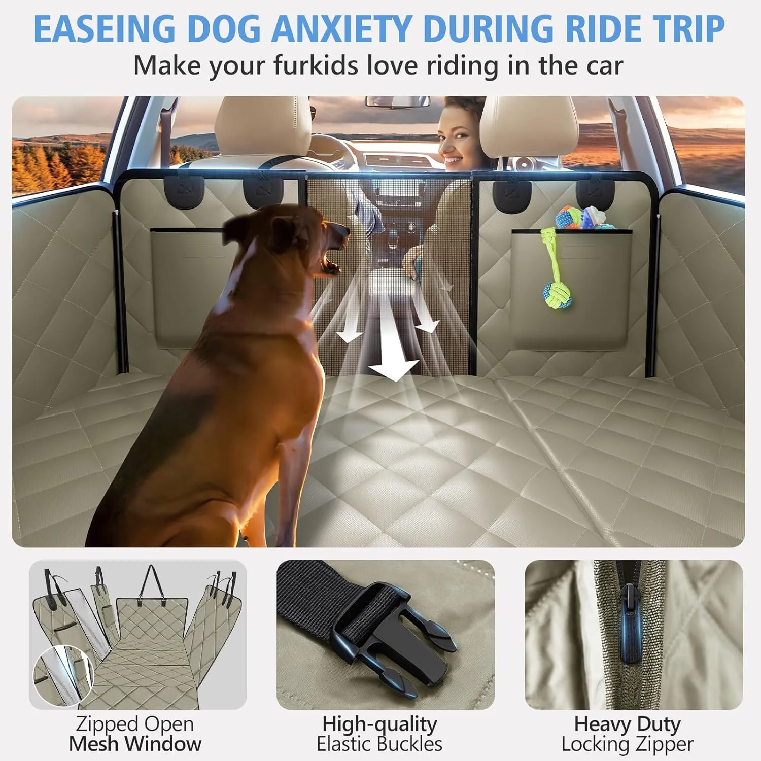 Back Seat Extender for Dogs, Dog Car Seat Cover for Back Seat Supports 420lbs, Hard Bottom Backseat Extender for Dogs, Waterproof Dog Hammock for Car, SUV, Truck Beige