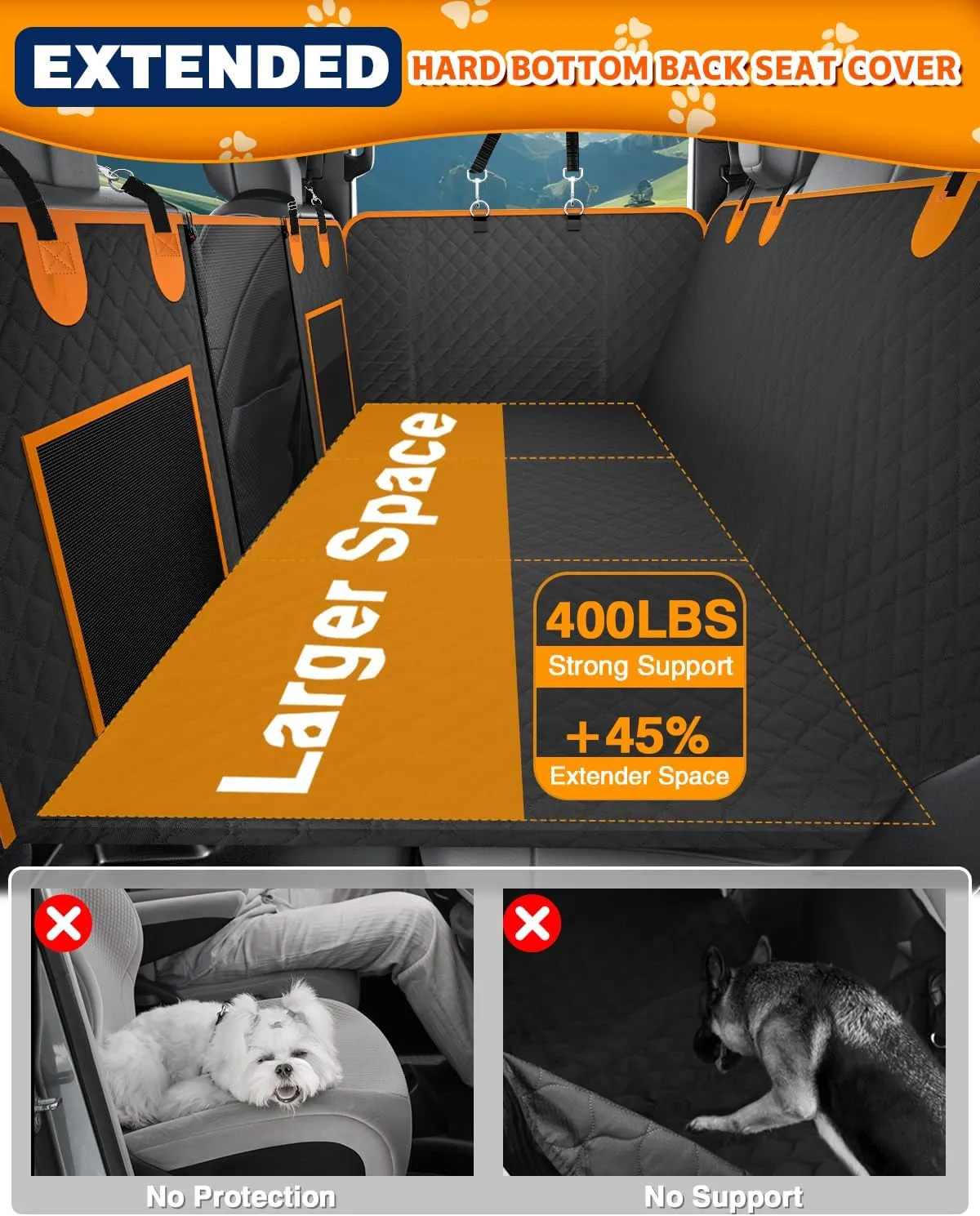 Back Seat Extender for Dogs, Dog Car Seat Cover for Back Seat with Waterproof Hard Bottom for Car SUV, Dog Hammock Travel Bed to Protect Your Car Backseat (for Truck/Large SUV-Black)