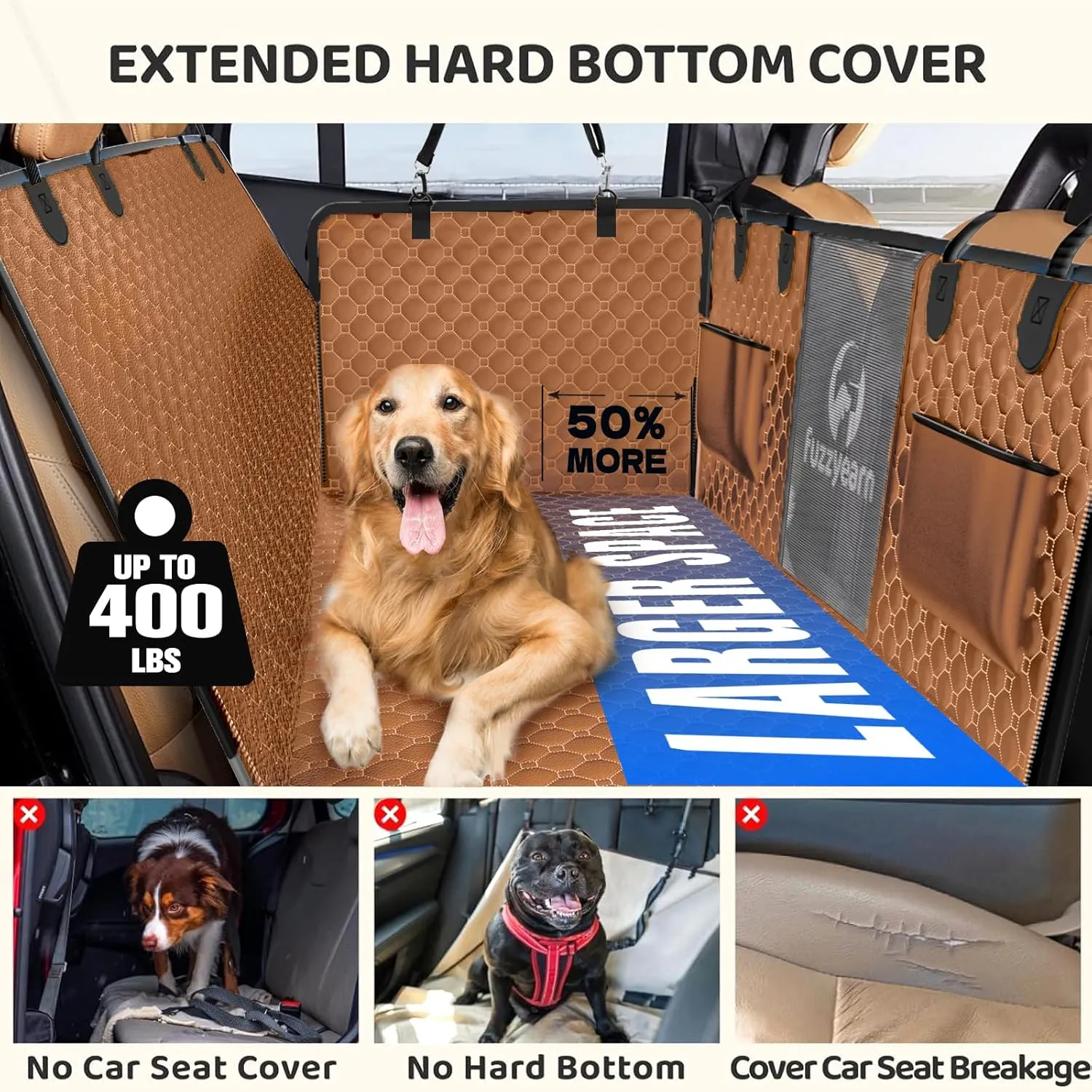 Back Seat Extender for Dogs,Leather Dog Car Seat Cover for Back Seat Hard Bottom Holds 400lbs,100% Waterproof Dog Car Hammock, Sturdy Pet Seat Protector for Car, SUV,Small Truck(Brown)