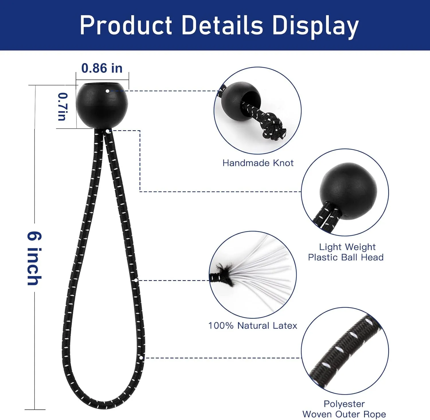 Ball Bungee Cords 6 Inch 50 PCS Tarp Ball Bungee Heavy Duty Canopy Tie Downs for Tarps,Camping, Shelter,Cargo,Holding Wires,Tent Poles with UV Resistant