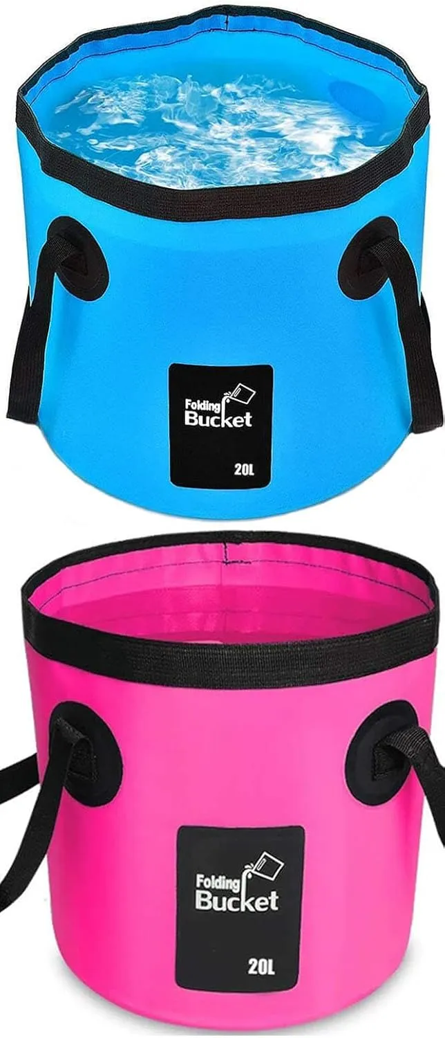 BANCHELLE Collapsible Bucket Water Container Portable Folding Camp Wash Basin for Outdoor Traveling Hiking Fishing Car Washing Gardening Camping (Blue 20L and Pink 20L), Total 2 PCS