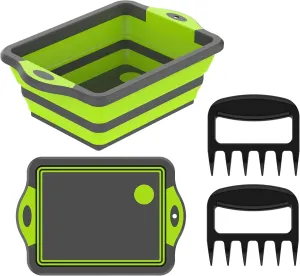 BBQ Prep Tub - Collapsible Chopping Board With Meat Shredder Claws - Food Grade Plastic and Silicone Wash Basin for Seasoning, Veggies - Cutting Board - Camp Kitchen