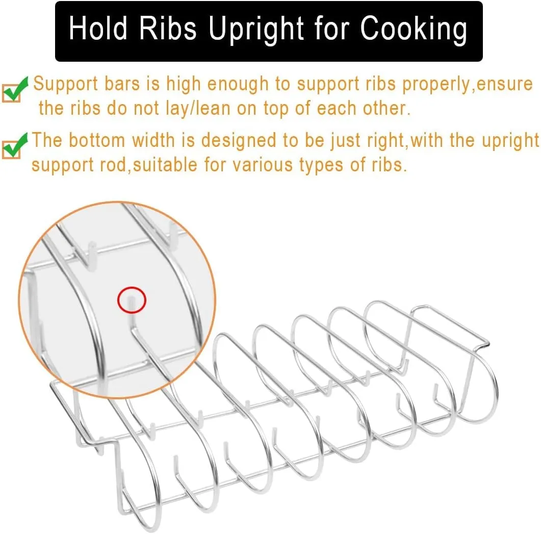 BBQ Rib Racks for Smoker and Grilling Roasting Rack 100% 304 Stainless Steel Food Grade,Holds 7 Ribs Rack for Grilling & Barbecuing for Large&XLarge Big Green Egg,Kamado Joe Classic,Big Joe
