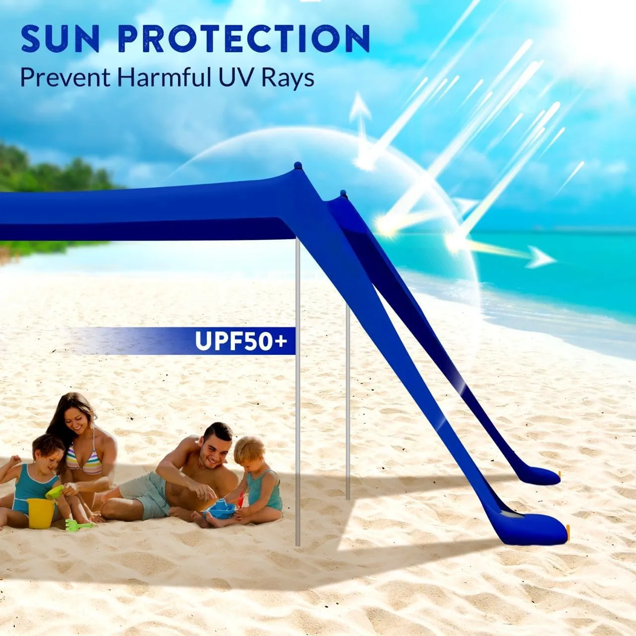 Beach Tent Sun Shelter - UPF50 Beach Canopy Portable Sun Shelter 4 Aluminum Poles, Ground Pegs, Sand Bags, Wind Ropes, Shovel, Bag for Camping, Picnic, Fishing, Backyard 10x10FT (Navy Blue)