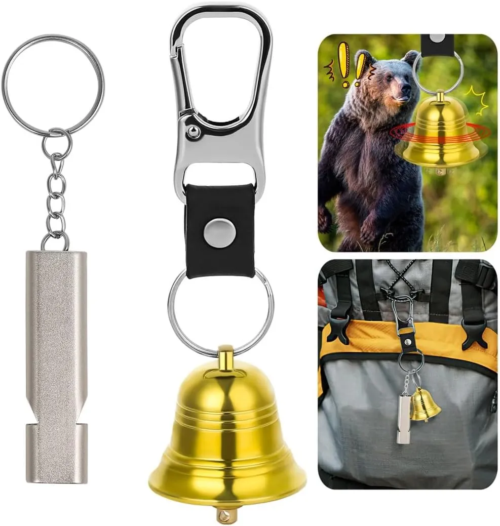 Bear Protection Bell Set With Whistle, Brass Bear Bell With Silencer And Carabiner, Essential Survival Tools For Hikers, Climbers, Cyclists, And Fishermen