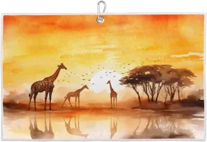 Beautiful Sunset Giraffes Golf Towel with Heavy Duty Carabiner Ultra Absorbent Quick Dry Perfect for Cleaning Clubs Balls Gear Essential Golf Accessory for Men Women Kids