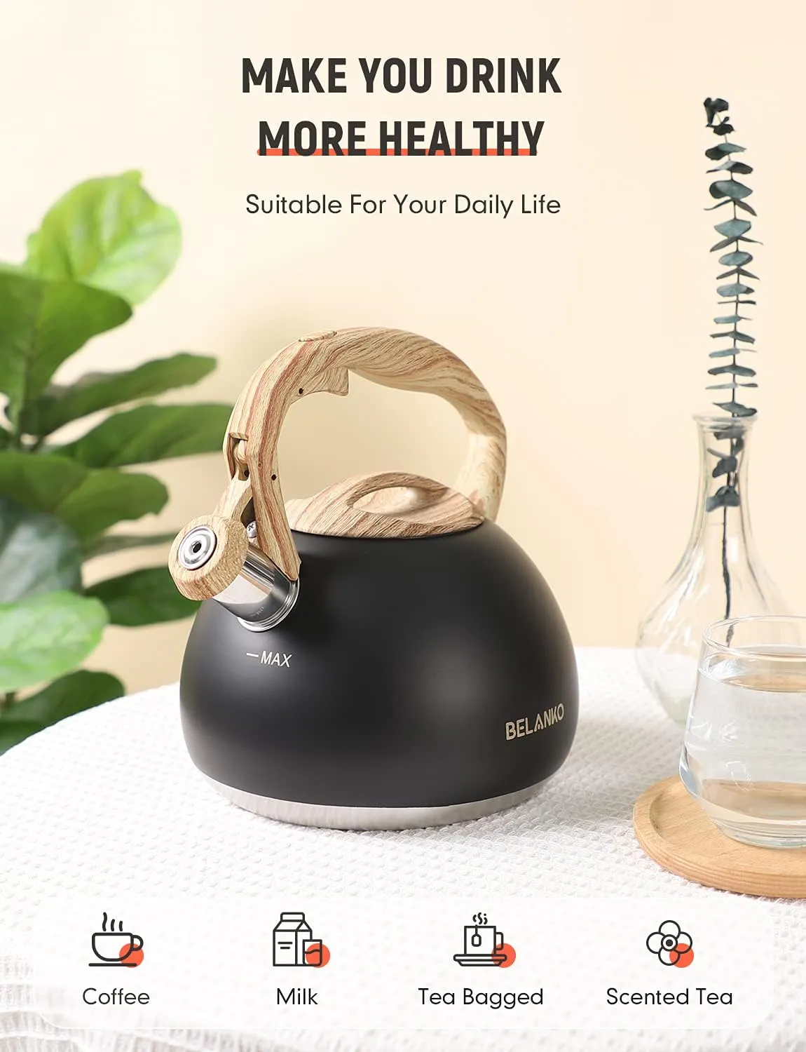 BELANKO 2.7 Quart Tea Kettle for Stovetops - Food Grade Stainless Steel Teapot with Loud Whistle, Cool-Touch Wood Pattern Handle, Rust-Resistant Whistling Kettle - Matte Black