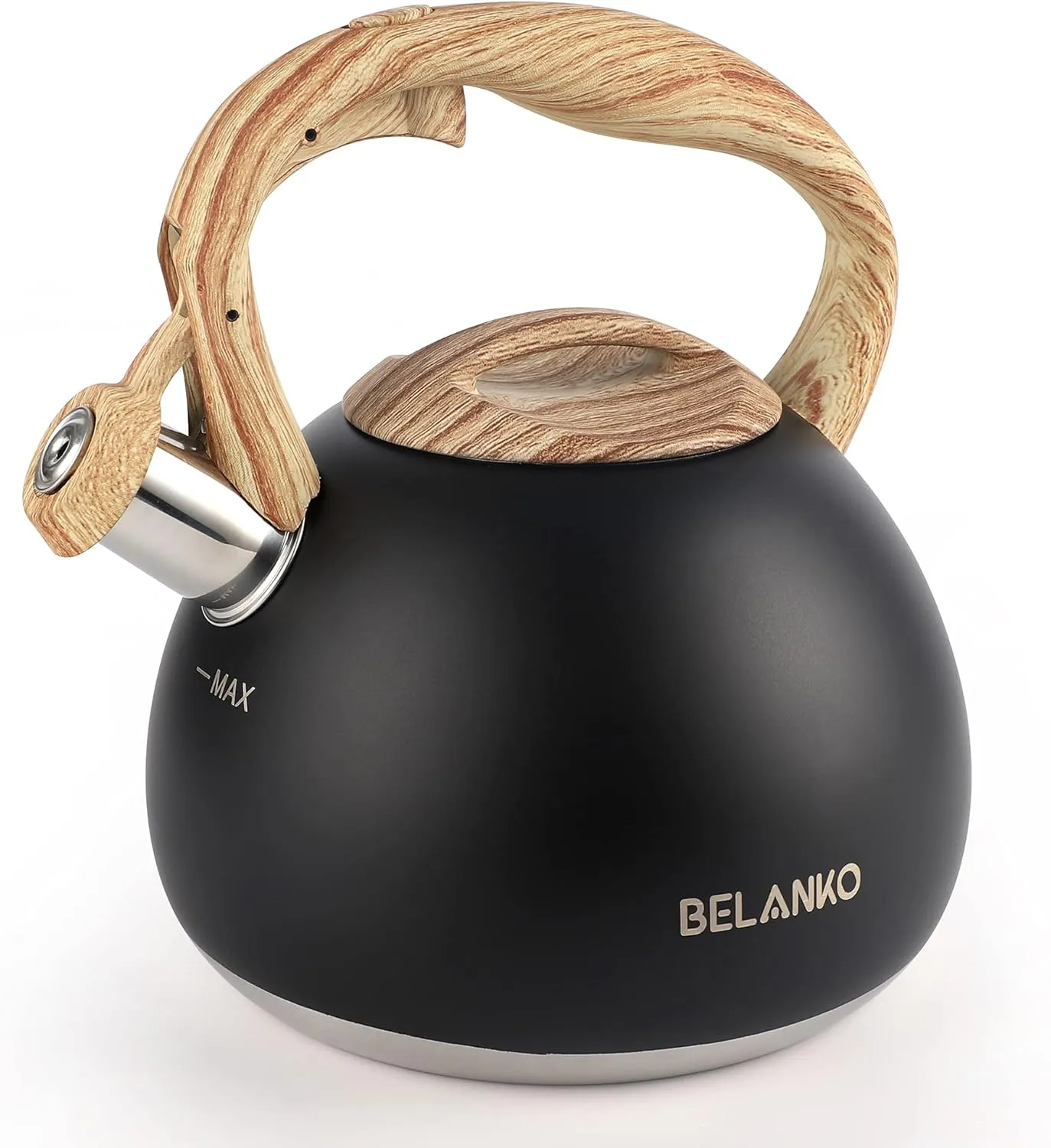 BELANKO 2.7 Quart Tea Kettle for Stovetops - Food Grade Stainless Steel Teapot with Loud Whistle, Cool-Touch Wood Pattern Handle, Rust-Resistant Whistling Kettle - Matte Black