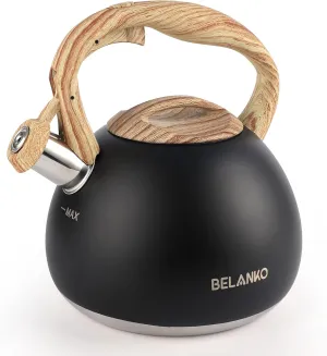BELANKO 2.7 Quart Tea Kettle for Stovetops - Food Grade Stainless Steel Teapot with Loud Whistle, Cool-Touch Wood Pattern Handle, Rust-Resistant Whistling Kettle - Matte Black