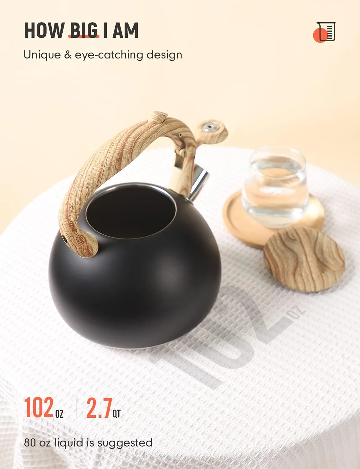 BELANKO 2.7 Quart Tea Kettle for Stovetops - Food Grade Stainless Steel Teapot with Loud Whistle, Cool-Touch Wood Pattern Handle, Rust-Resistant Whistling Kettle - Matte Black
