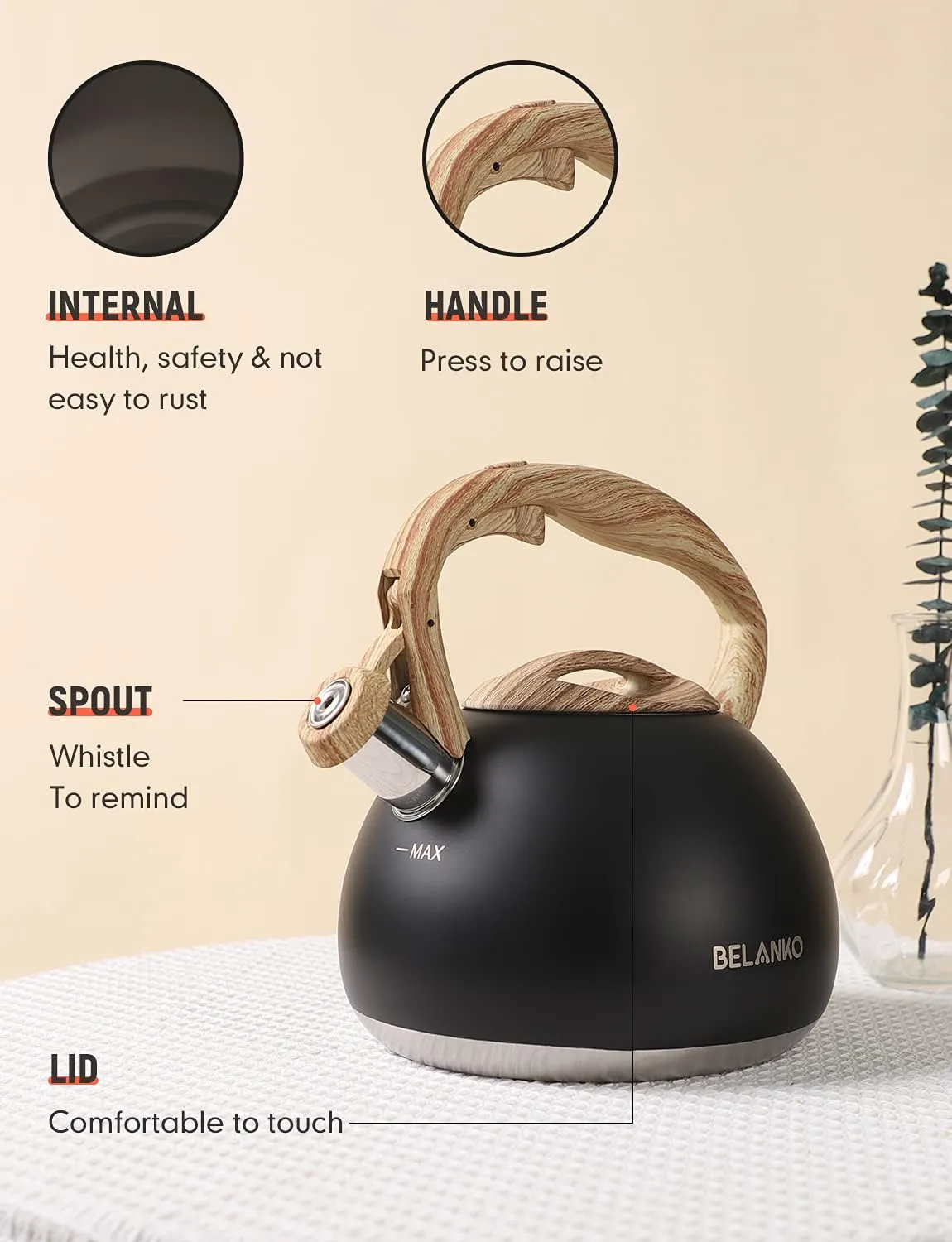 BELANKO 2.7 Quart Tea Kettle for Stovetops - Food Grade Stainless Steel Teapot with Loud Whistle, Cool-Touch Wood Pattern Handle, Rust-Resistant Whistling Kettle - Matte Black