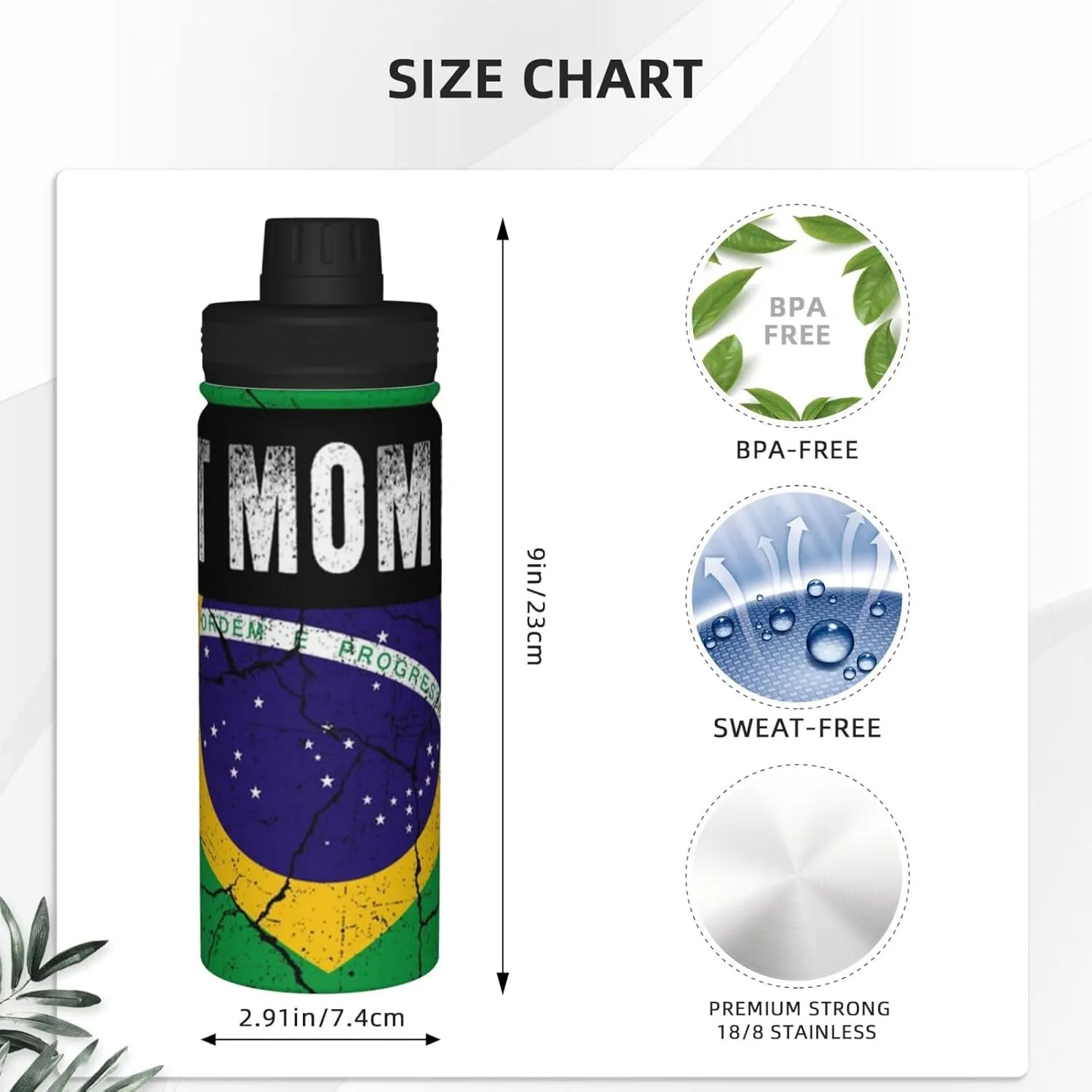 Best Brazilian Mom Ever Brazil Flag Sports Water Bottle 18 Oz Stainless Steel Sports Insulated Kettle for Travel Outdoor Gym