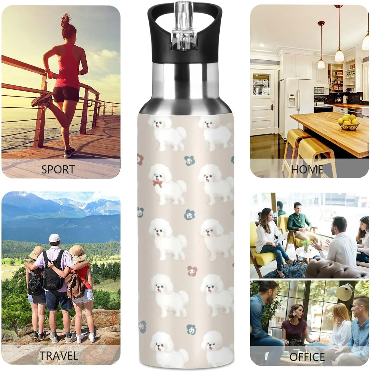 Bichon Frise Teacup Water Bottle with Straw Lid Double Wall Cute Thermos Bottle Vacuum Insulated Flask Stainless Steel Water Bottle for Gym Outdoor 20 OZ