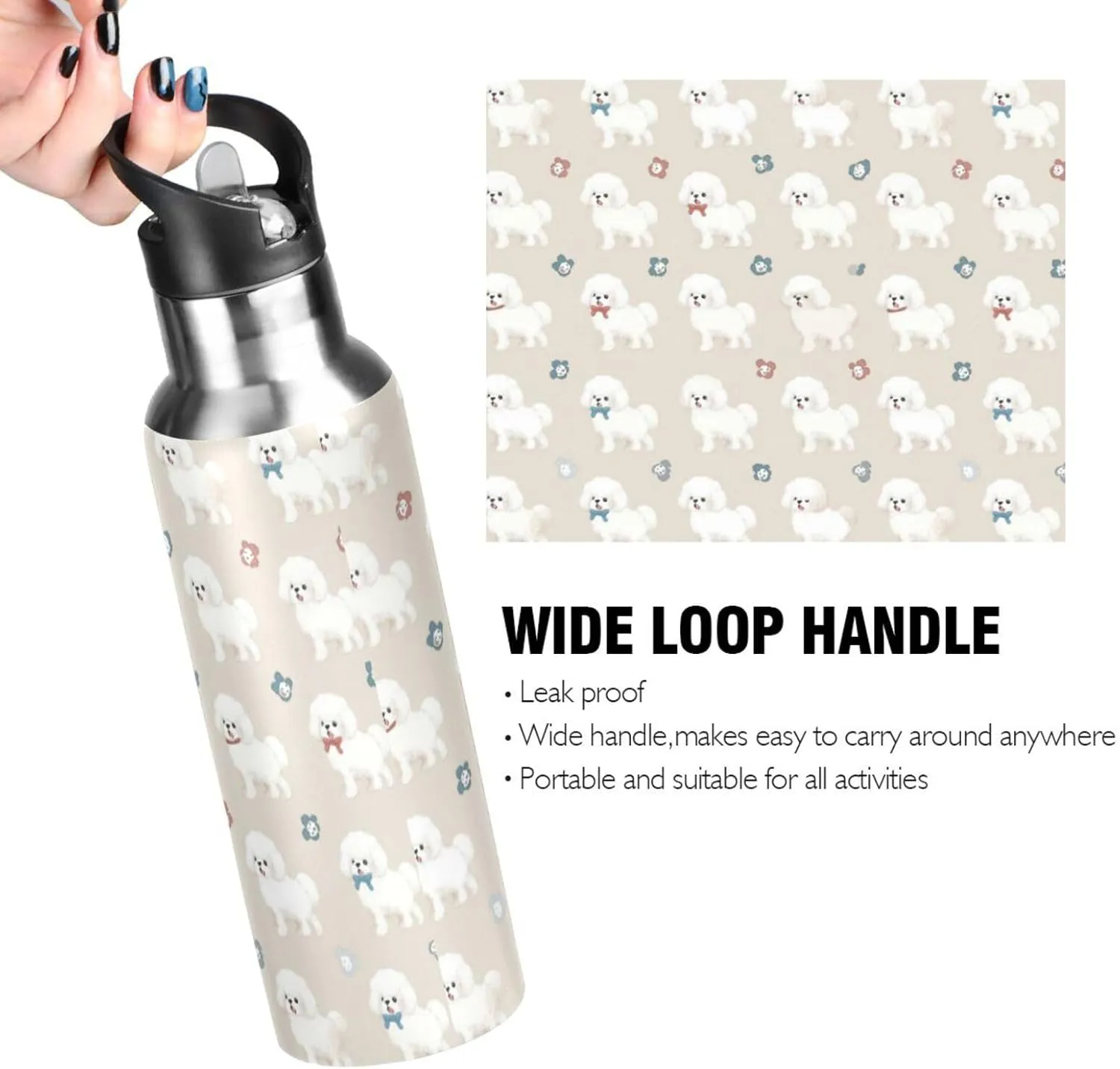 Bichon Frise Teacup Water Bottle with Straw Lid Double Wall Cute Thermos Bottle Vacuum Insulated Flask Stainless Steel Water Bottle for Gym Outdoor 20 OZ