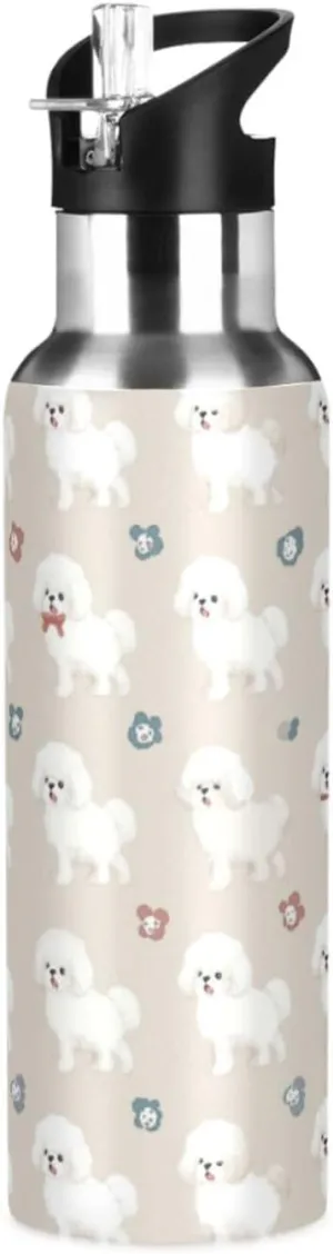Bichon Frise Teacup Water Bottle with Straw Lid Double Wall Cute Thermos Bottle Vacuum Insulated Flask Stainless Steel Water Bottle for Gym Outdoor 20 OZ