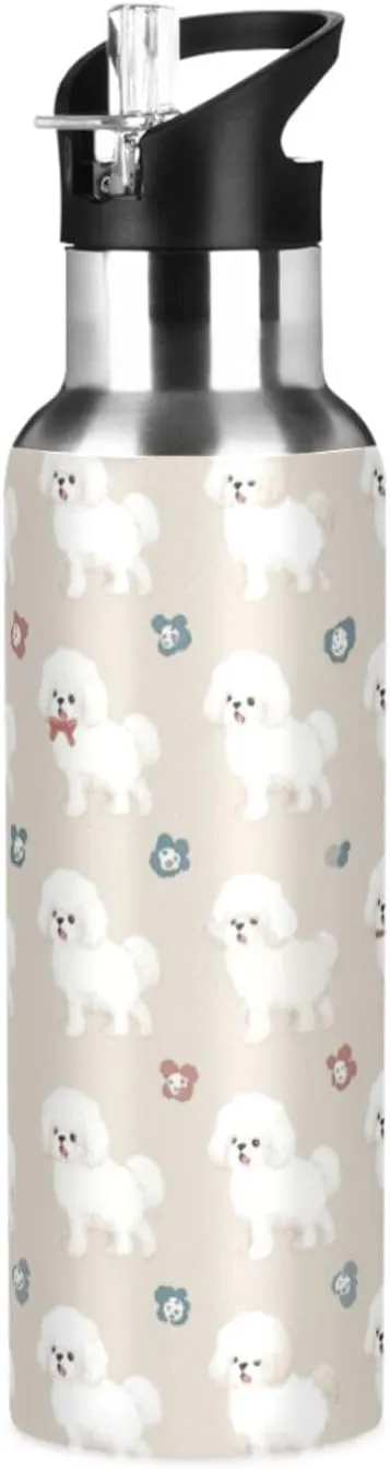 Bichon Frise Teacup Water Bottle with Straw Lid Double Wall Cute Thermos Bottle Vacuum Insulated Flask Stainless Steel Water Bottle for Gym Outdoor 20 OZ
