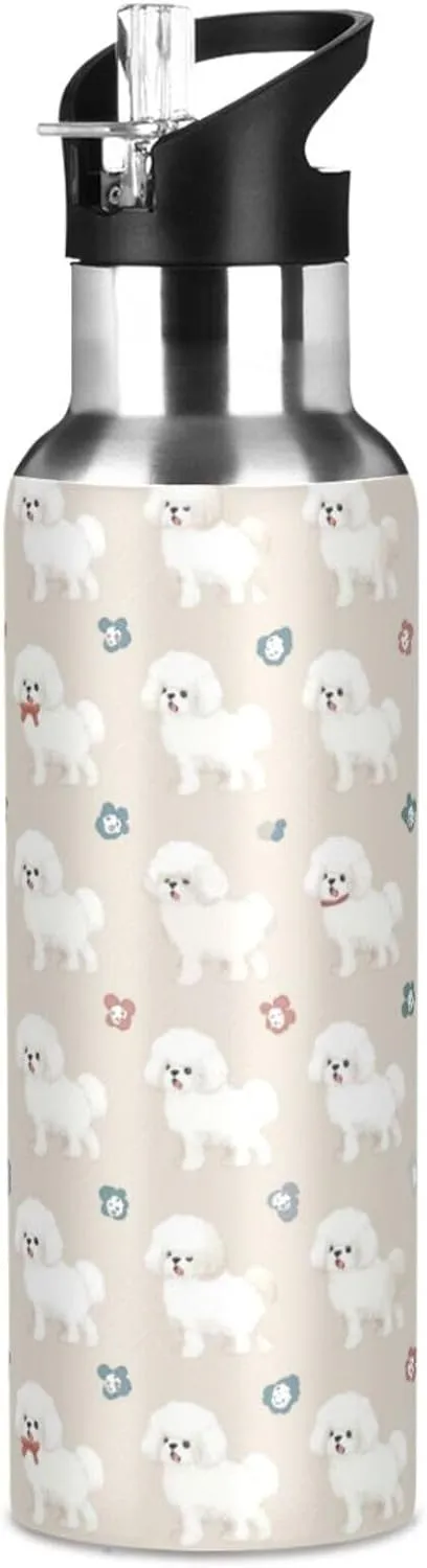 Bichon Frise Teacup Water Bottle with Straw Lid Double Wall Cute Thermos Bottle Vacuum Insulated Flask Stainless Steel Water Bottle for Gym Outdoor 20 OZ